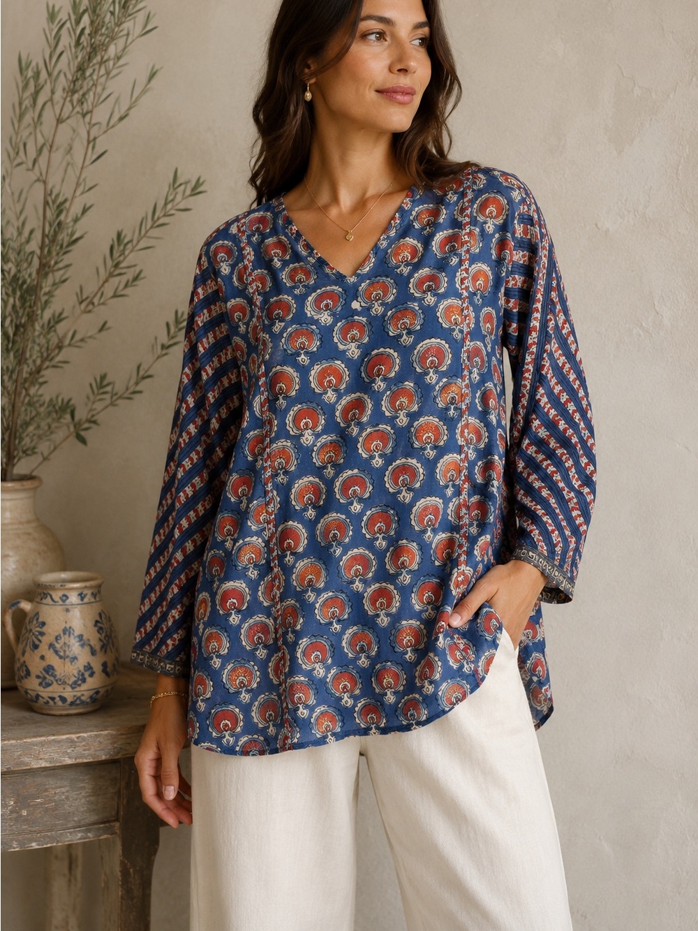 Fabindia XXL Blue Red Block Print Cotton Tunic Top Kurta Boho Indian Blouse